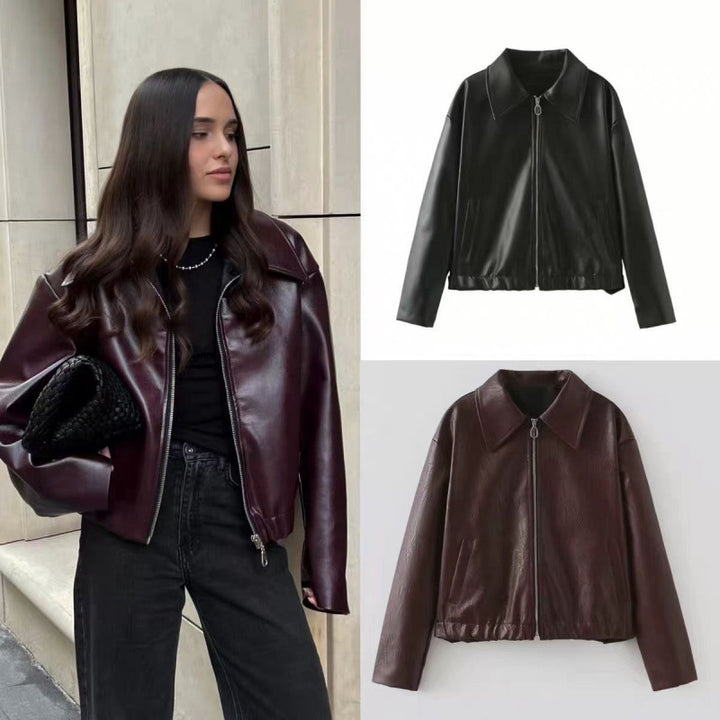 Damen modische Kunstlederjacke mit schlichter Eleganz und praktischen Taschen Drune