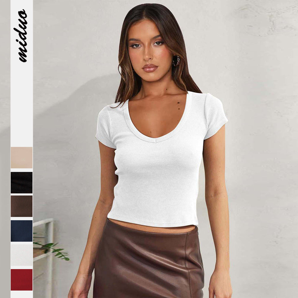 Damen figurbetontes Ripp-T-Shirt mit V-Ausschnitt und kurzen Ärmeln Drune