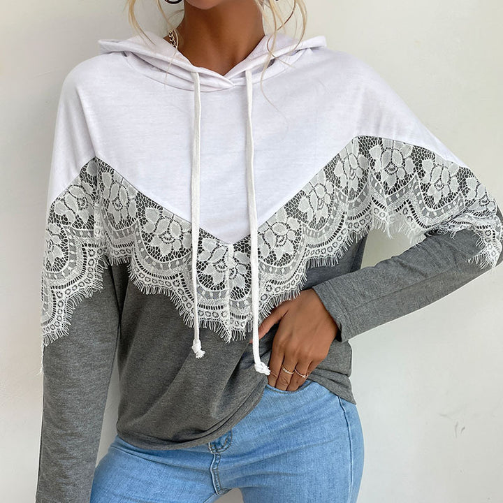 Damen Kapuzenpullover mit Spitzenbesatz und V‑Einsatz Drune