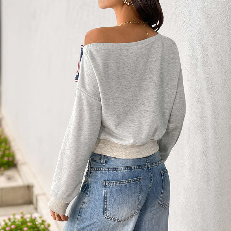 Damen Lässig geschnittenes Off-Shoulder Cropped-Sweatshirt im Vintage-College-Look Drune