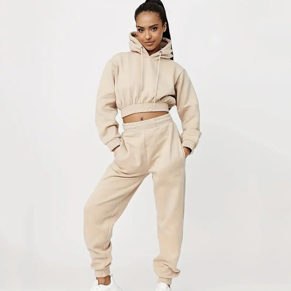 Damen lässiges Sweat-Set mit cropped Hoodie und bequemen Jogginghosen Drune
