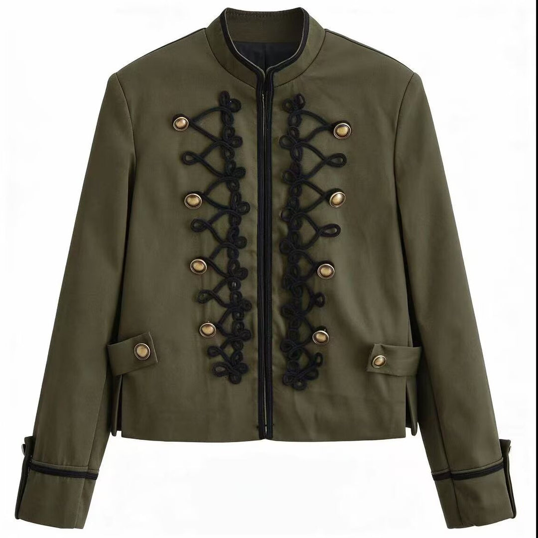 Damen Militärinspirierte Kurzjacke mit Stehkragen, Zierkordeln und Goldknöpfen Drune