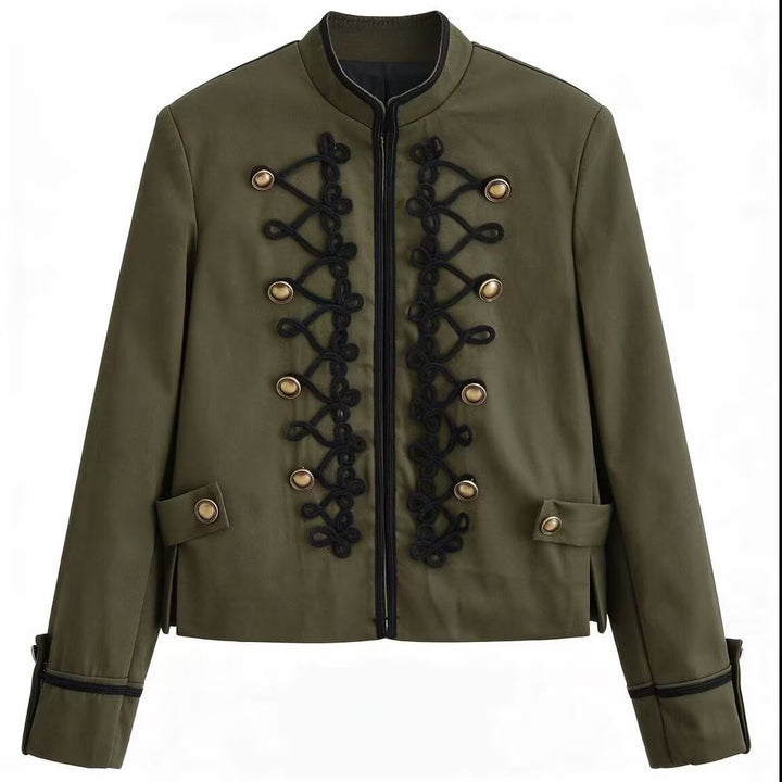 Damen Militärinspirierte Kurzjacke mit Stehkragen, Zierkordeln und Goldknöpfen Drune