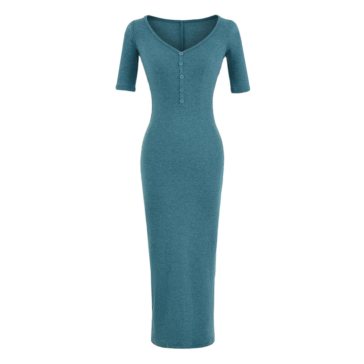 Damen Figurbetontes Midikleid aus Rippstrick mit Knopfleiste und halblangen Ärmeln Drune