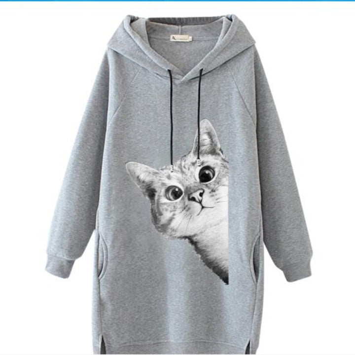 Damen Oversize Kapuzenkleid mit großem Katzenmotiv und Eingrifftaschen Drune