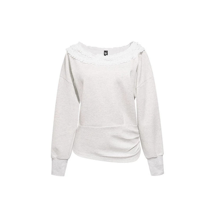 Damen Sweatshirt mit Carmen‑Ausschnitt, Spitzenrüsche und seitlicher Raffung Drune