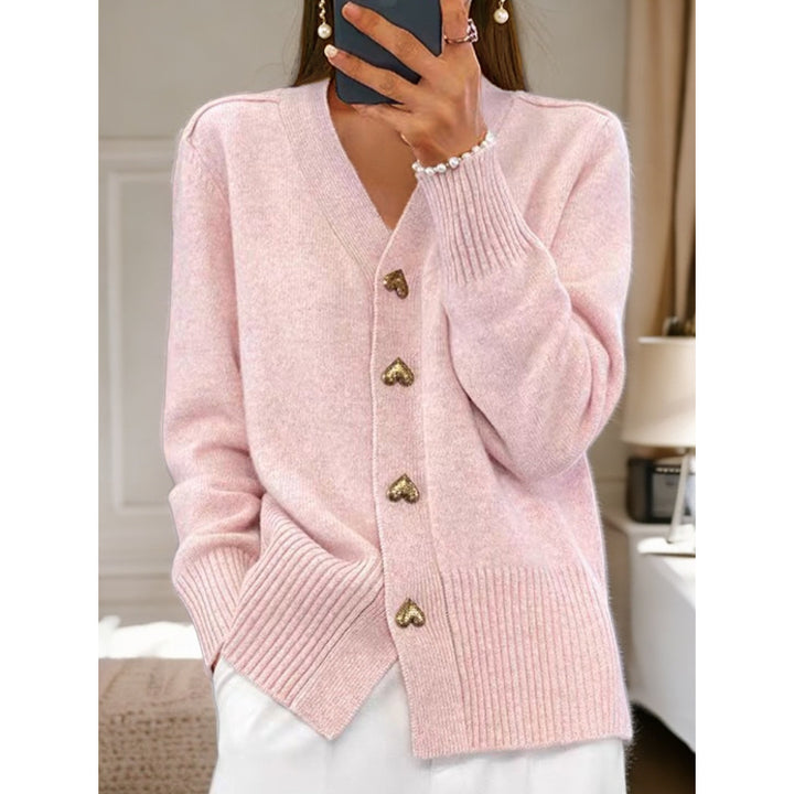 Damen kuschelige Strickjacke mit Herzknöpfen und V-Ausschnitt Drune