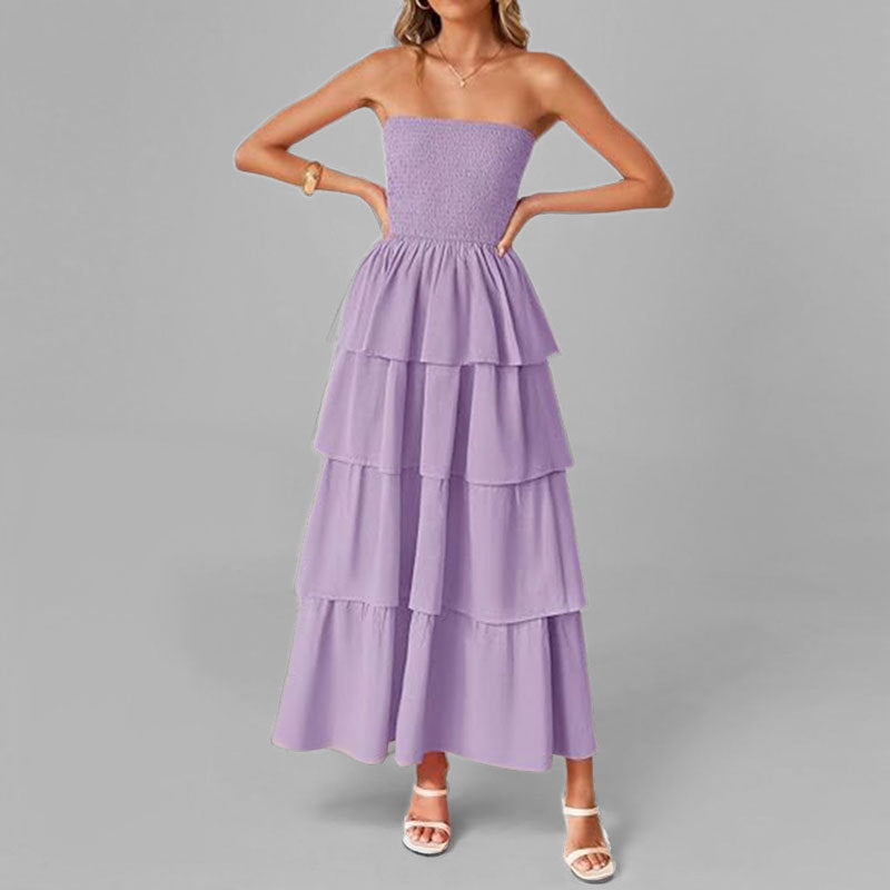 Damen Maxikleid mit schulterfreiem Design und voluminösem Stufenrock Drune