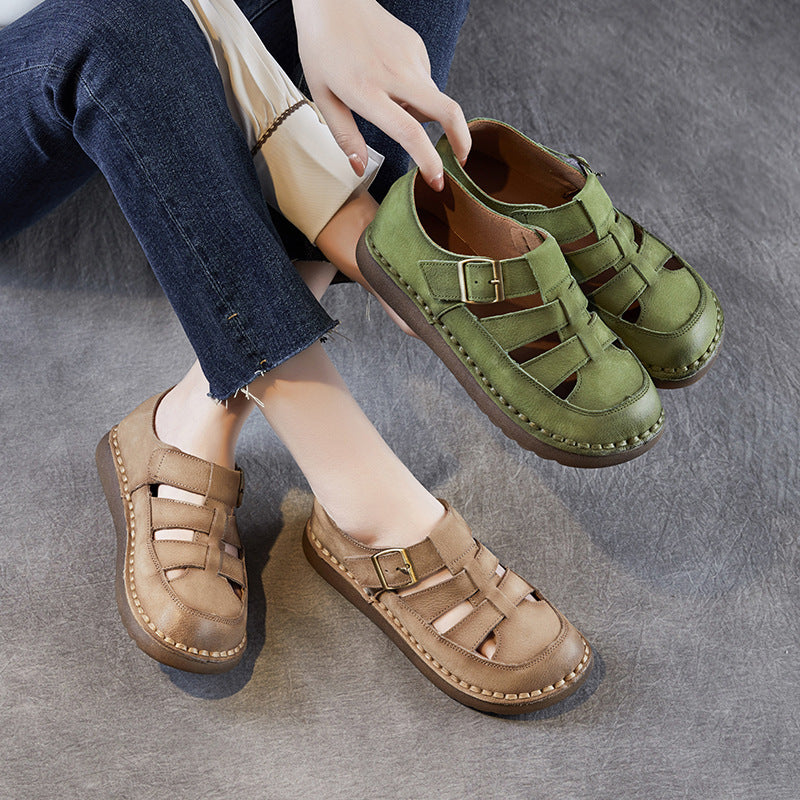 Damen Stilvoller Offener Zeh Leder Sandalen mit Verstellbarem Schnallen Drune