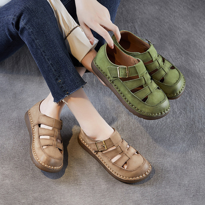 Damen Stilvoller Offener Zeh Leder Sandalen mit Verstellbarem Schnallen Drune