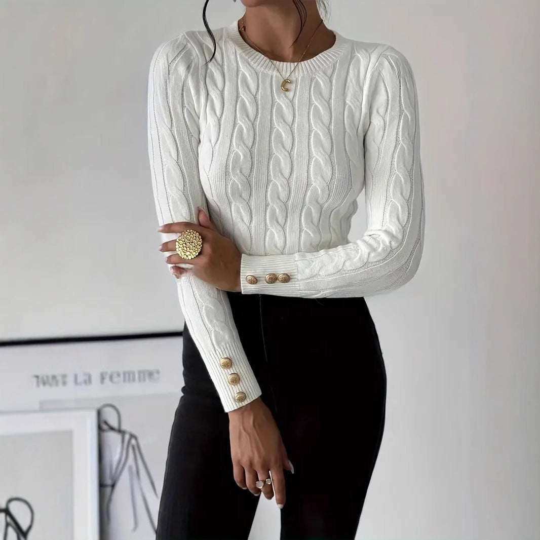 Damen Strickpullover mit filigranem Zopfmuster und eleganten Knopfdetails Drune