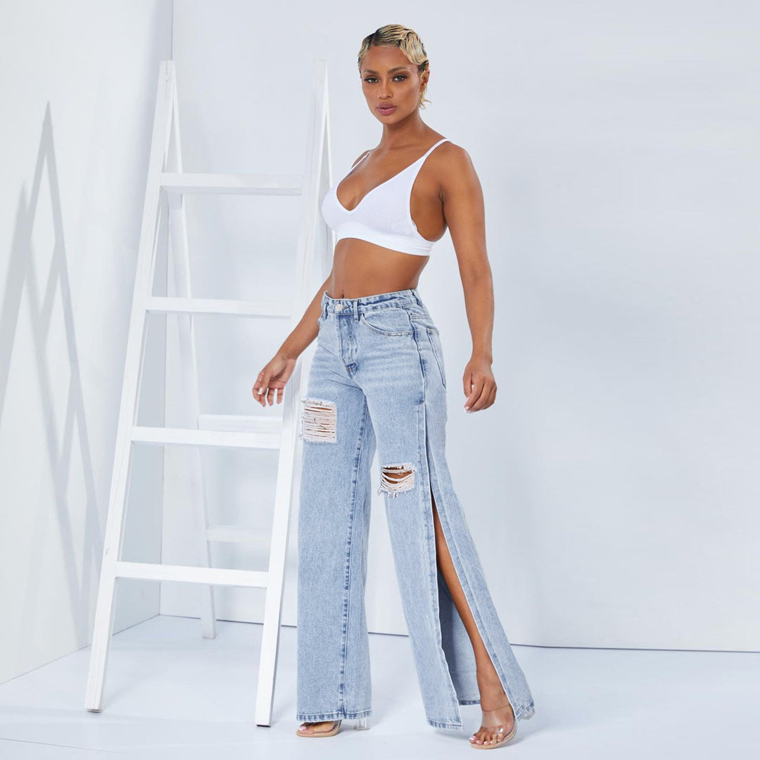 Damen weite High-Waist-Jeans mit seitlichen Beinschlitzen, Destroyed-Knie und formendem Bund Drune