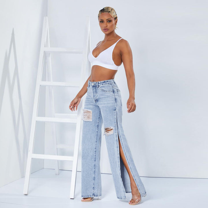 Damen Weite High‑Waist Denim‑Jeans mit hohen Seitenschlitzen und Destroyed‑Details Drune