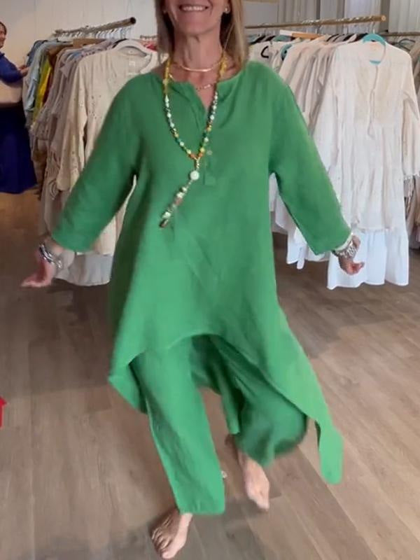 Damen Midilanges Leinen-Tunika-Set mit asymmetrischem Saum und weiter Palazzo-Hose Drune