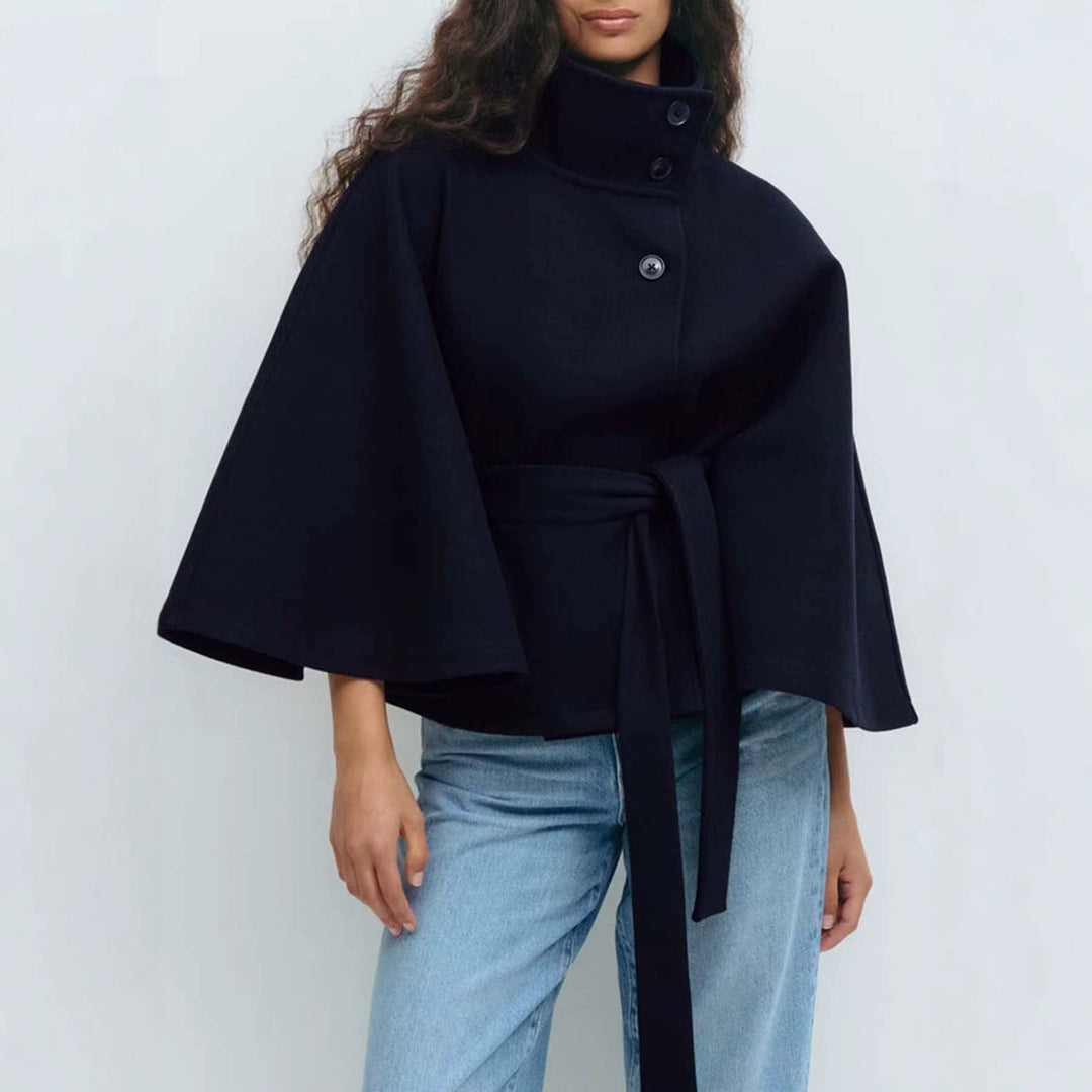 Damen Kurzcape-Mantel mit Stehkragen, Oversize-Ärmeln und Bindegürtel Drune
