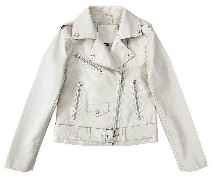 Damen nan taillierte Kunstleder-Bikerjacke mit Stehkragen, Schulterpatten und Reißverschlusstaschen Drune