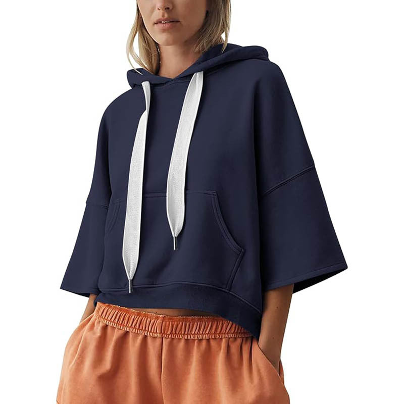 Damen Cropped Kapuzenpullover mit 3/4-Ärmeln und Kängurutasche Drune
