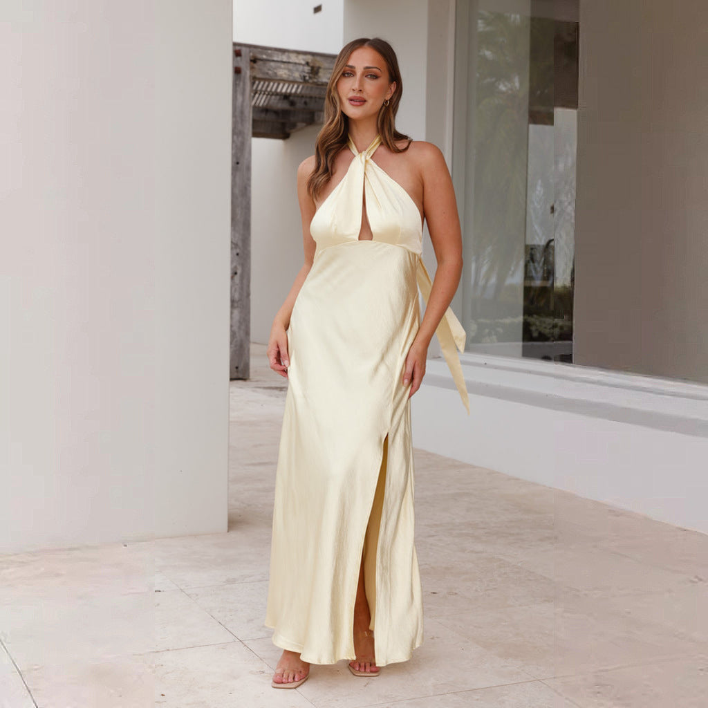 Damen Maxikleid mit elegantem Halterneck-Design und fließendem Satin-Finish Drune