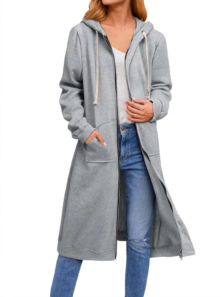 Damen lange Kapuzenjacke mit Reißverschluss und praktischen Taschen Drune
