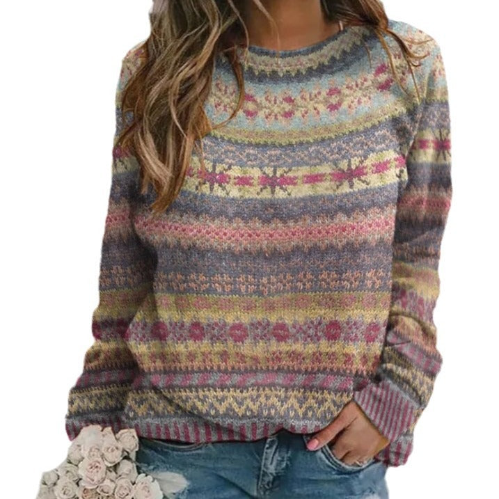Damen gemusterter Strickpullover mit Rundhalsausschnitt, Fair Isle Muster und lässigem Oversized-Schnitt Drune