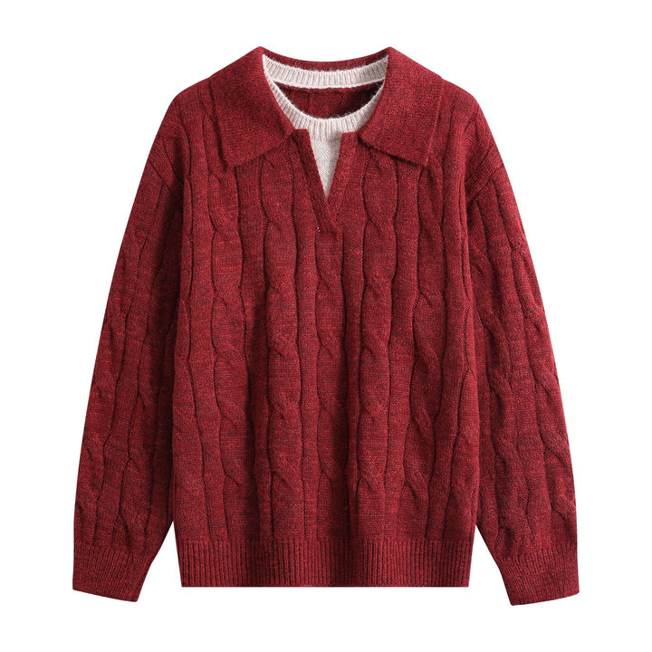 Damen Oversize Grobstrick-Pullover mit Polokragen und Zopfmuster Drune