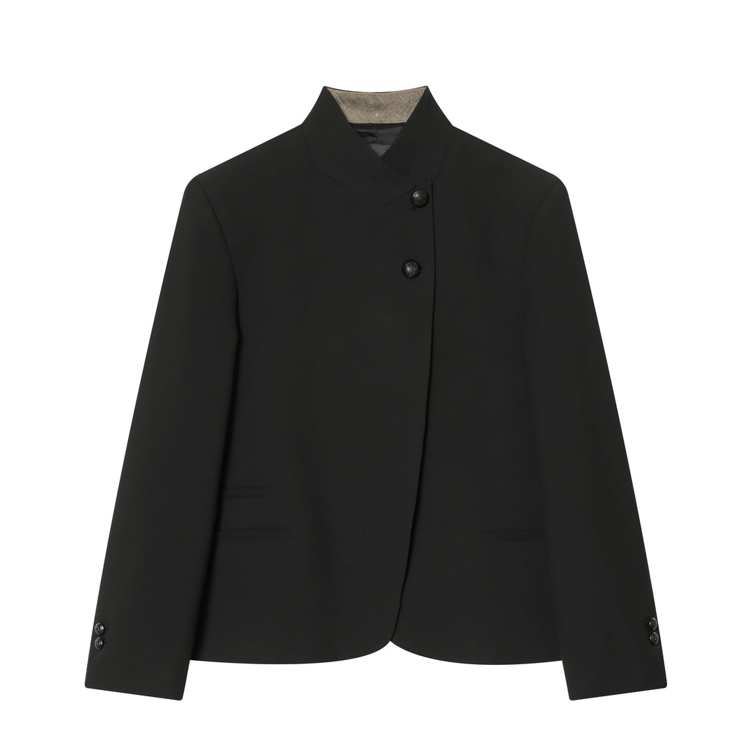 Damen Asymmetrischer Kurzblazer mit Stehkragen und dekorativen Knöpfen Drune