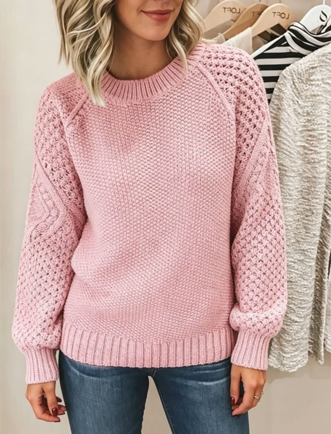 Damen Grobgestrickter Rundhals-Pullover mit Ajour- und Zopfmusterärmeln Drune