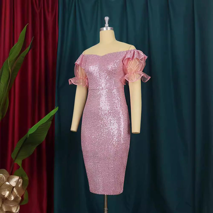 Damen glamouröses Abendkleid mit Glitzer und transparenten Puffärmeln Drune