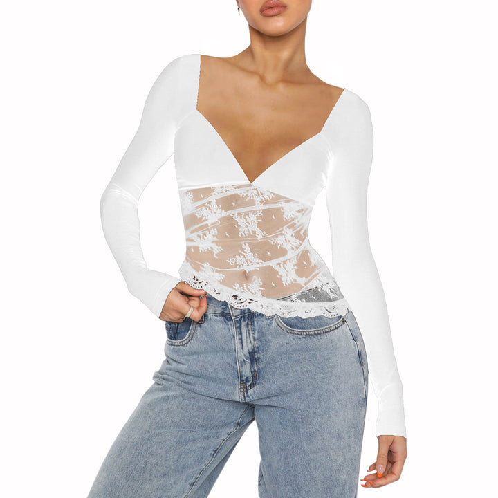 Damen Spitzenbluse mit tiefem V-Ausschnitt und langärmligem Design Drune