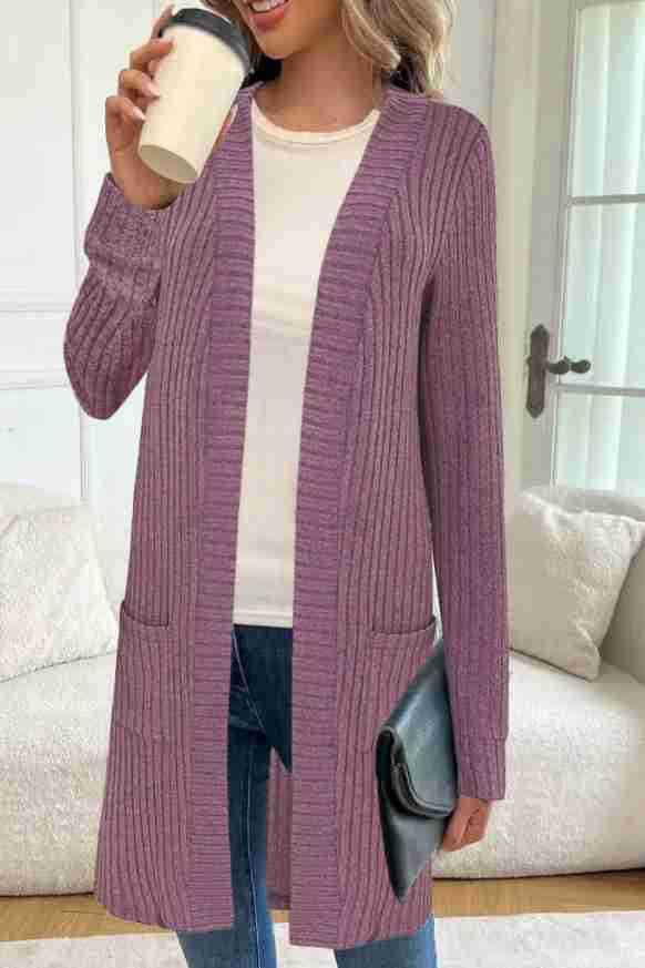 Damen Longline Rippstrick Cardigan mit Taschen Drune