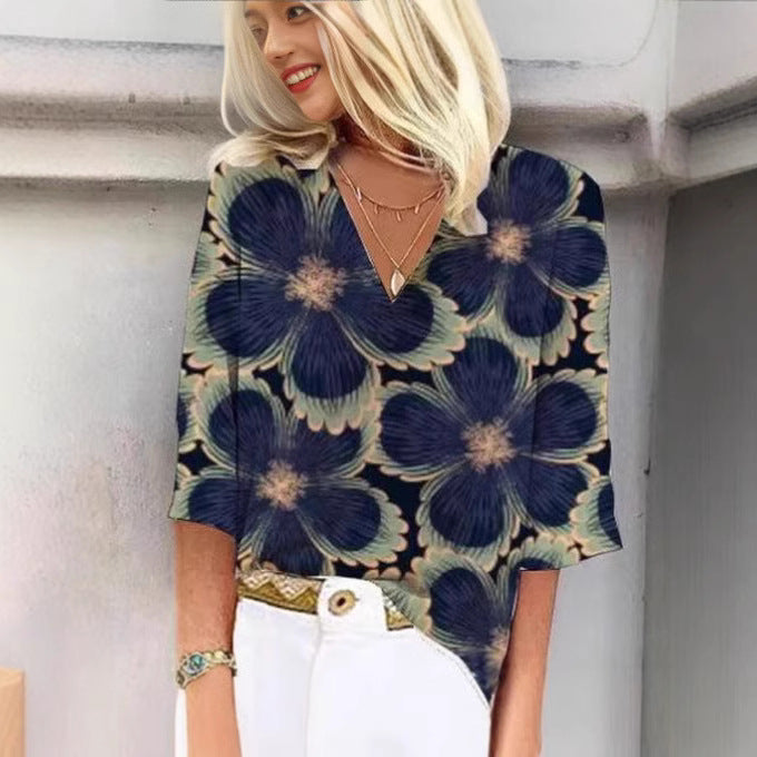 Damen Gemusterte Bluse mit V-Ausschnitt und 3/4-Ärmeln Drune