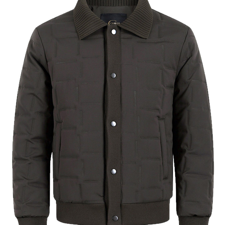 Herren Kurz geschnittene gesteppte Bomberjacke mit Rippenkragen, Druckknopfleiste und geometrischem Quilt Drune