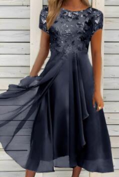 Damen nan fließendes Chiffon-Midikleid mit blumenbesticktem Oberteil und asymmetrischem Stufenrock Drune