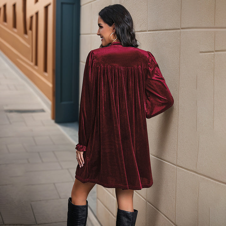 Damen Elegantes Samtkleid mit V-Ausschnitt und langen Ärmeln Drune