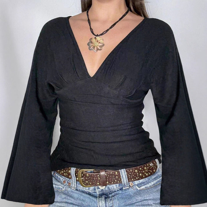 Damen nan figurbetontes Langarm-Top mit tiefem V-Ausschnitt, Nackenband zum Binden und taillierter Silhouette Drune
