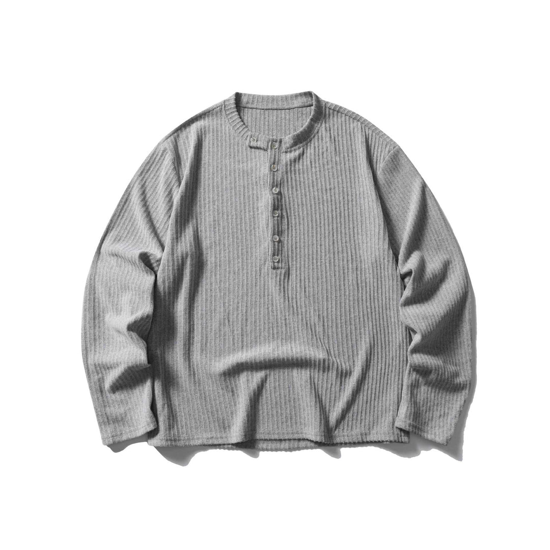 Unisex Gerippter Henley-Pullover mit Rundhals und durchgehender Knopfleiste Drune