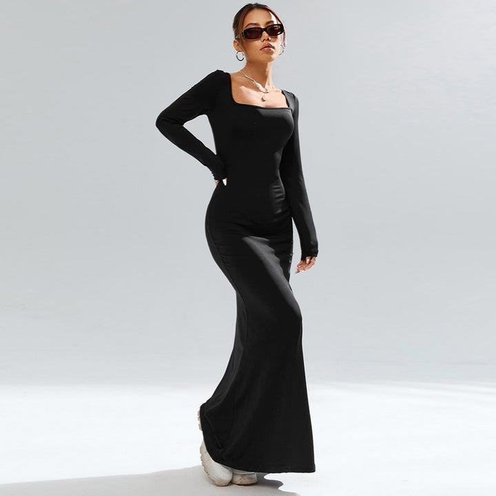 Damen elegantes Maxi-Kleid mit ausgefallenem quadratischen Ausschnitt und figurformender Silhouette Drune