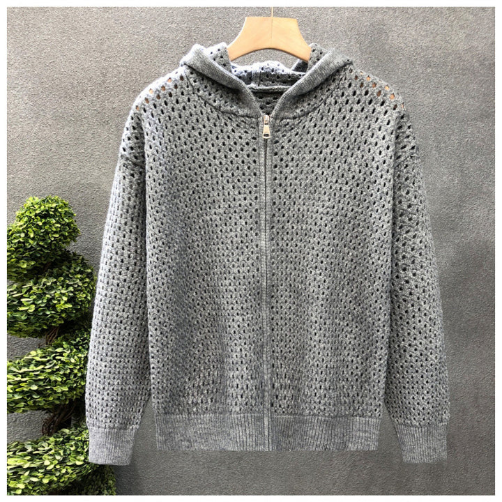 Unisex Leichte Lochstrick-Kapuzenzipjacke mit Ajourmuster Drune