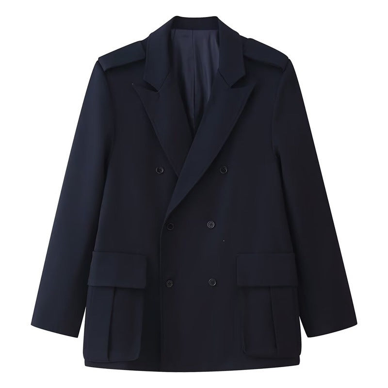 Damen Doppelreihiger Field-Blazer mit großen Pattentaschen und Schulterklappen Drune