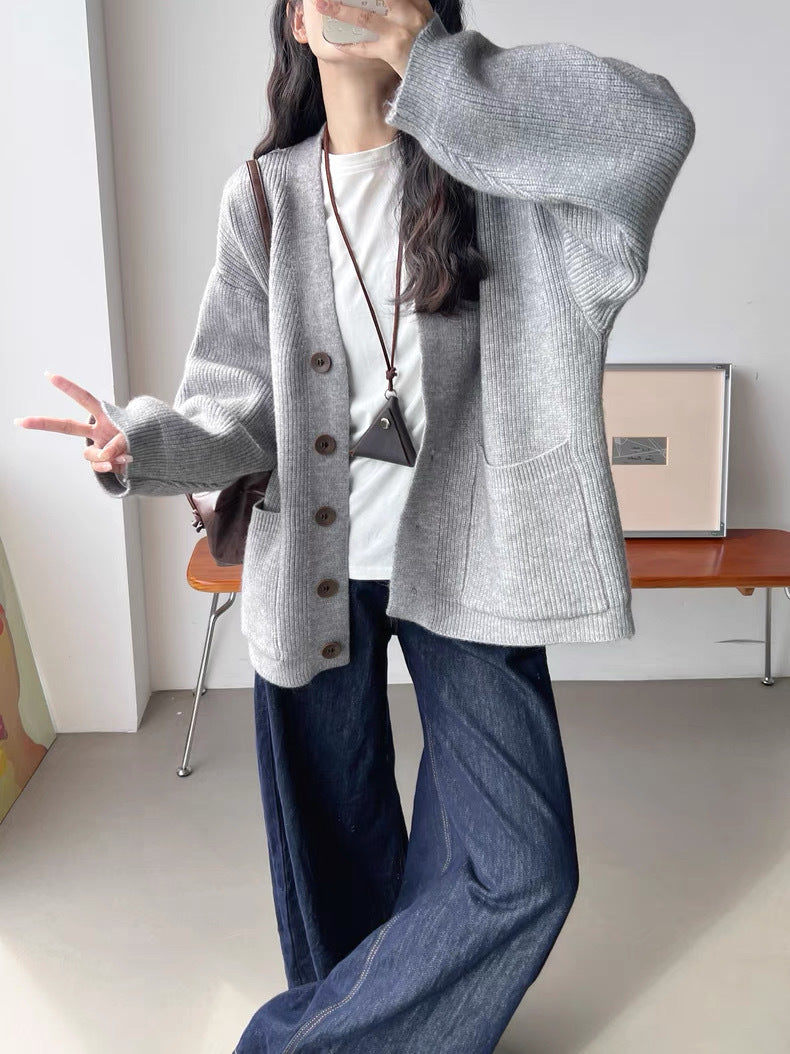 Damen Kuschelige Strickjacke mit großen Taschen und Knopfdetails Drune