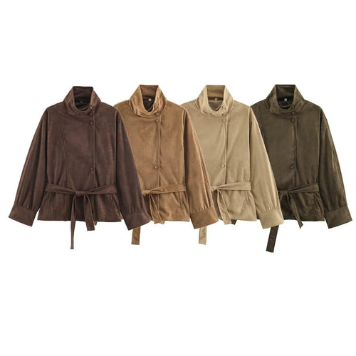 Damen Boxy-Wickeljacke in Veloursoptik mit hohem Stehkragen und Bindegürtel Drune