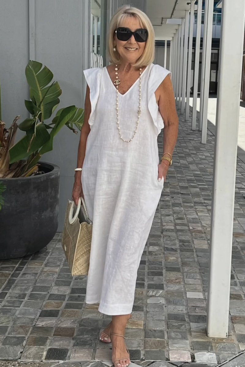 Damen Maxikleid mit V-Ausschnitt und angeschnittenem Ärmel Drune