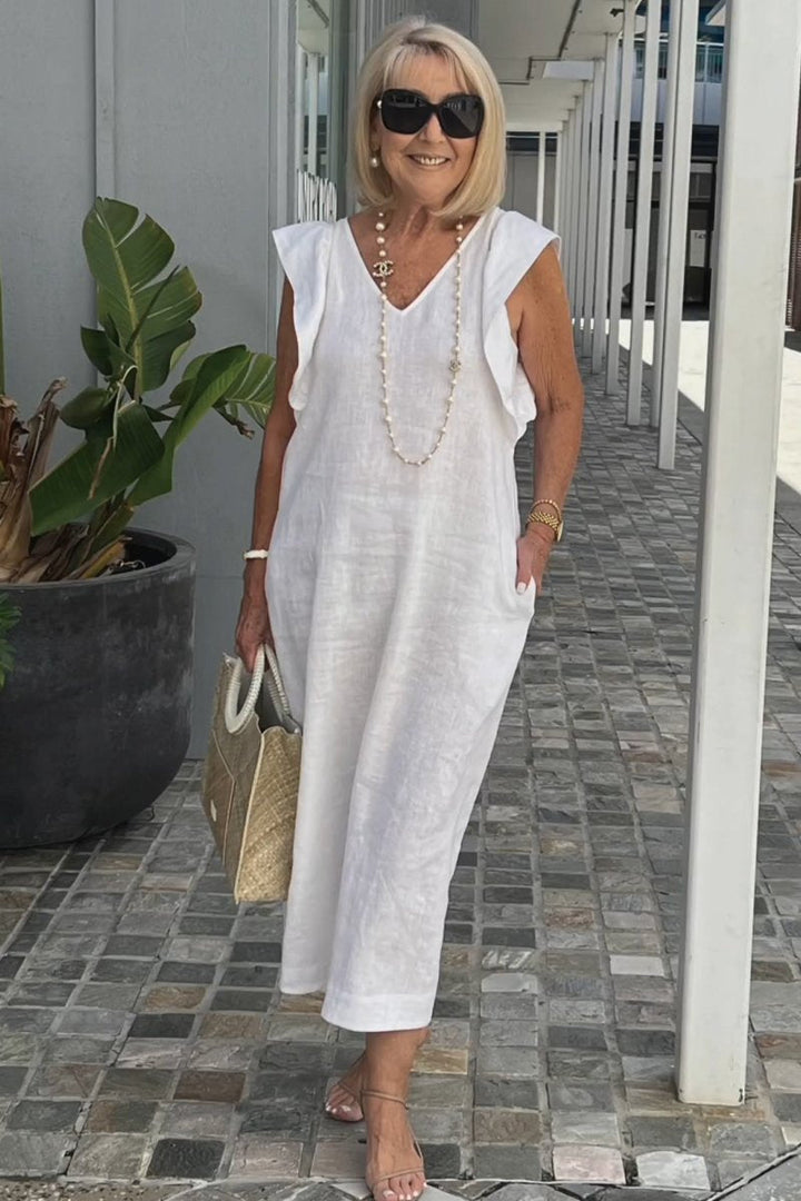 Damen Maxikleid mit V-Ausschnitt und angeschnittenem Ärmel Drune