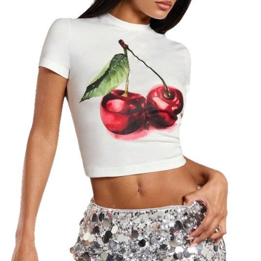 Damen Crop-T-Shirt mit fruchtigem Kirschmotiv und figurbetontem Schnitt Drune