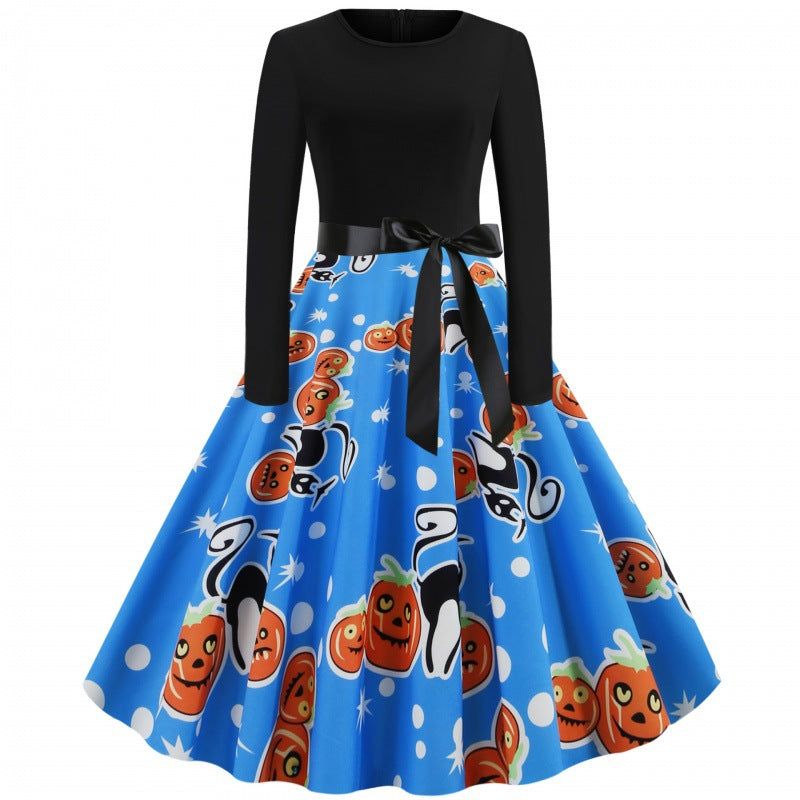Damen Vintage Swingkleid mit Kürbisprint, langärmlig und taillierter Satinschleife Drune