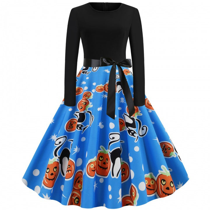 Damen Vintage Swingkleid mit Kürbisprint, langärmlig und taillierter Satinschleife Drune