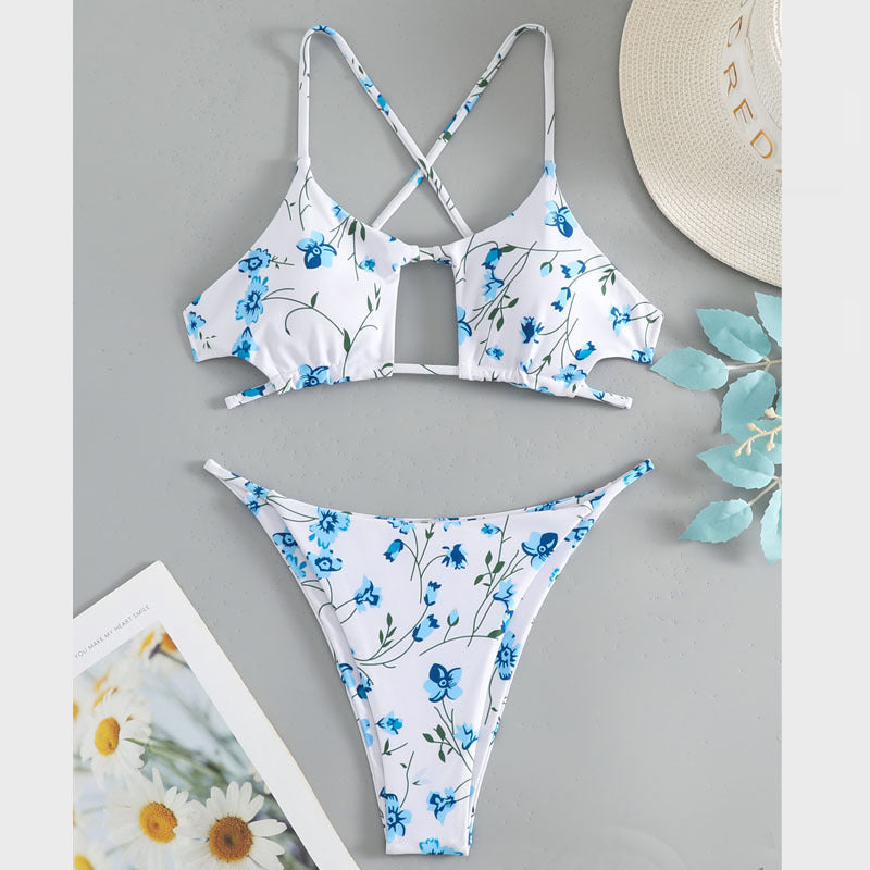 Damen Triangel-Bikini mit versetzten Trägern und floralem Muster Drune