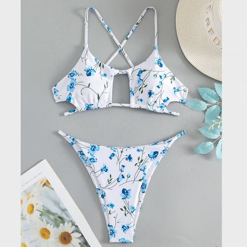 Damen Triangel-Bikini mit versetzten Trägern und floralem Muster Drune
