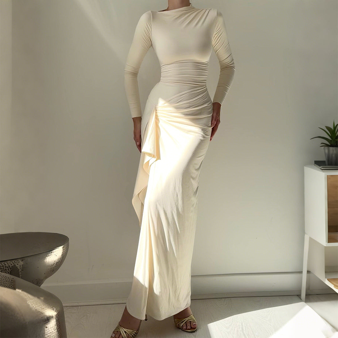 Damen nan gerafftes Maxikleid mit langen Ärmeln, taillierender Stretch-Passform und seitlichem Volant-Detail Drune