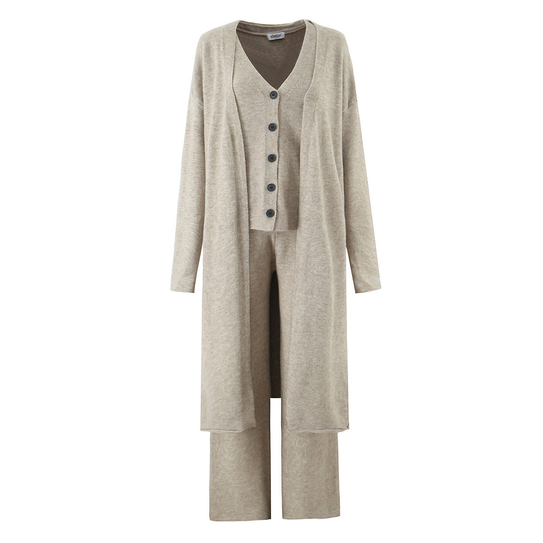 Damen elegantes Strickset mit langem Cardigan, Knopfleiste und weit geschnittenen Hosen Drune